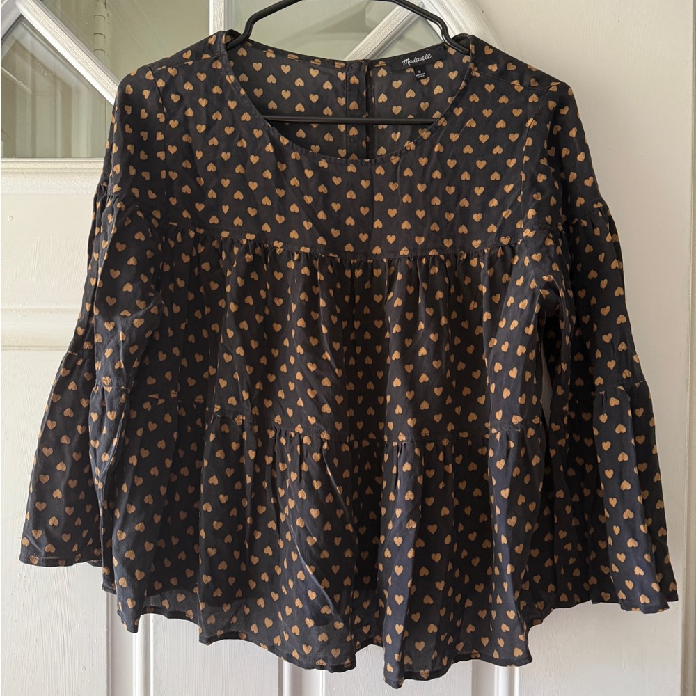 Madewell Black and Tan Heart Print Blouse